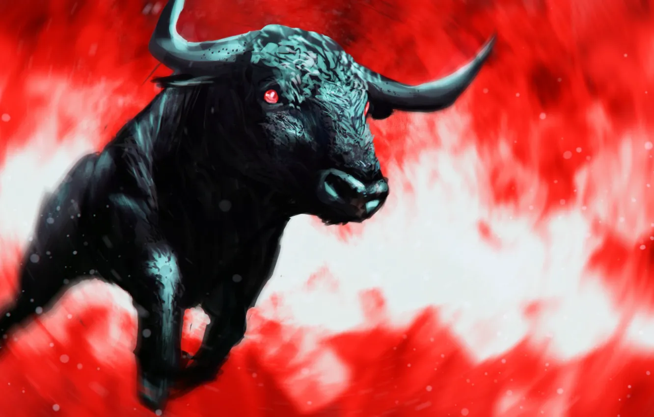 Photo wallpaper black, chase, rage, horns, vortex, red eyes, bull, mad