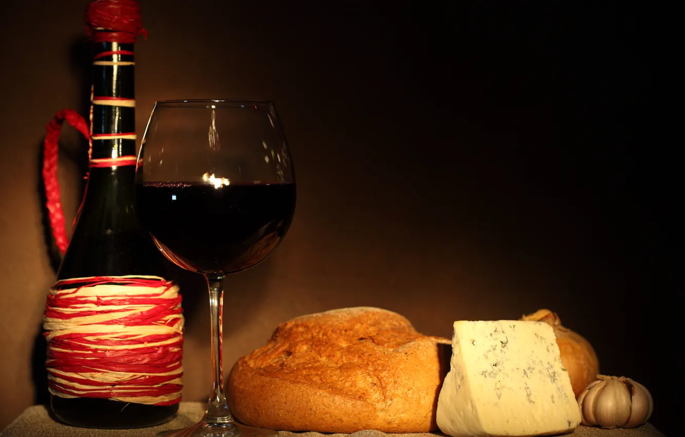 Photo wallpaper wine, red, glass, bottle, cheese, bow, bread, garlic