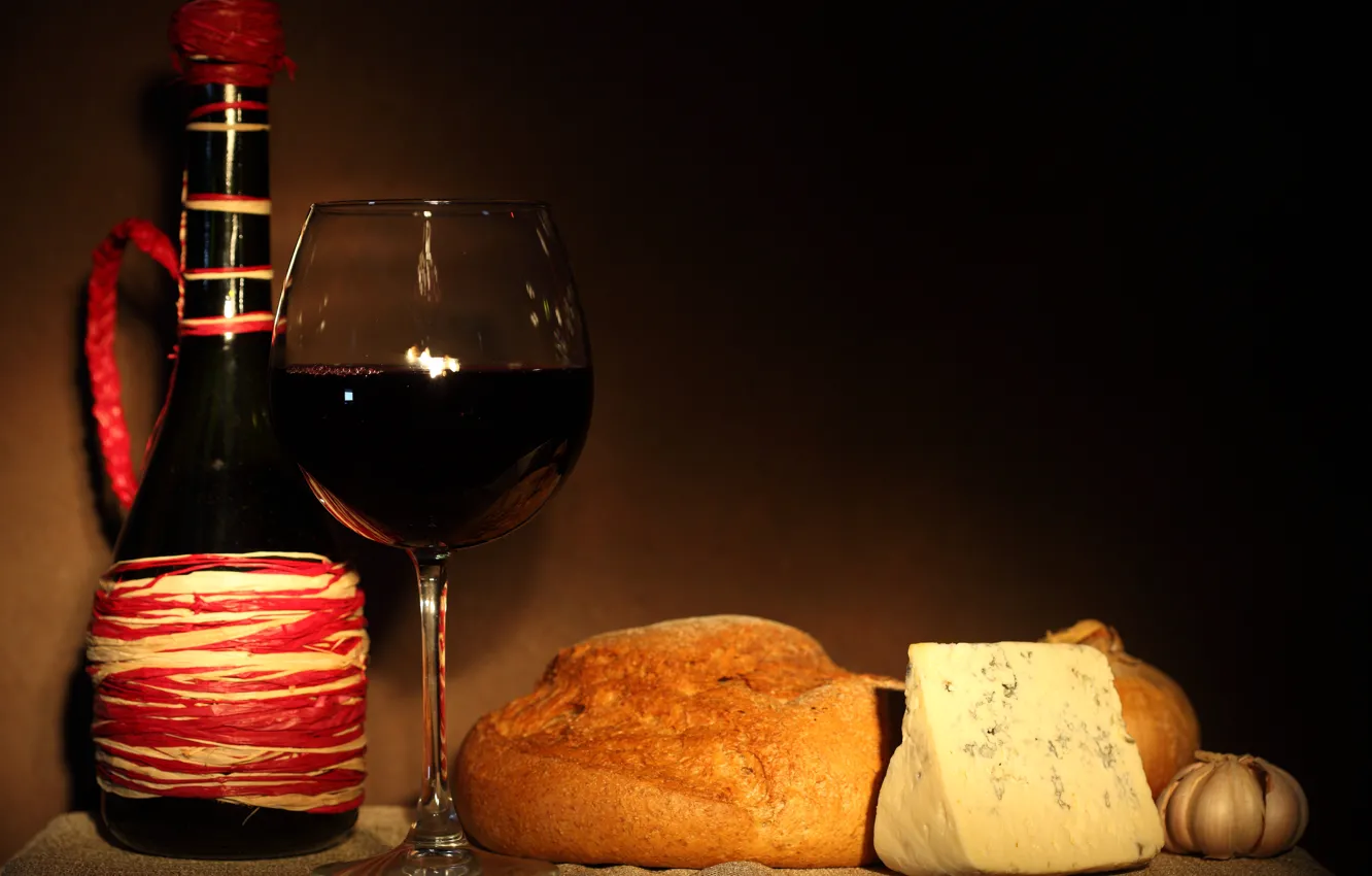 Photo wallpaper red, wine, glass, bottle, cheese, bow, bread, garlic