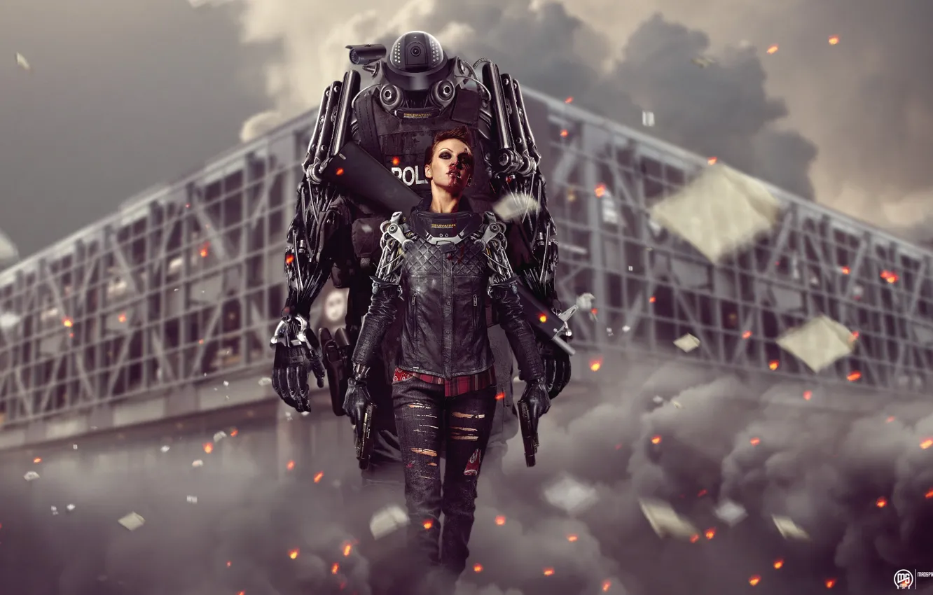 Photo wallpaper girl, blood, smoke, building, police, sparks, cyborg, photo manipulation