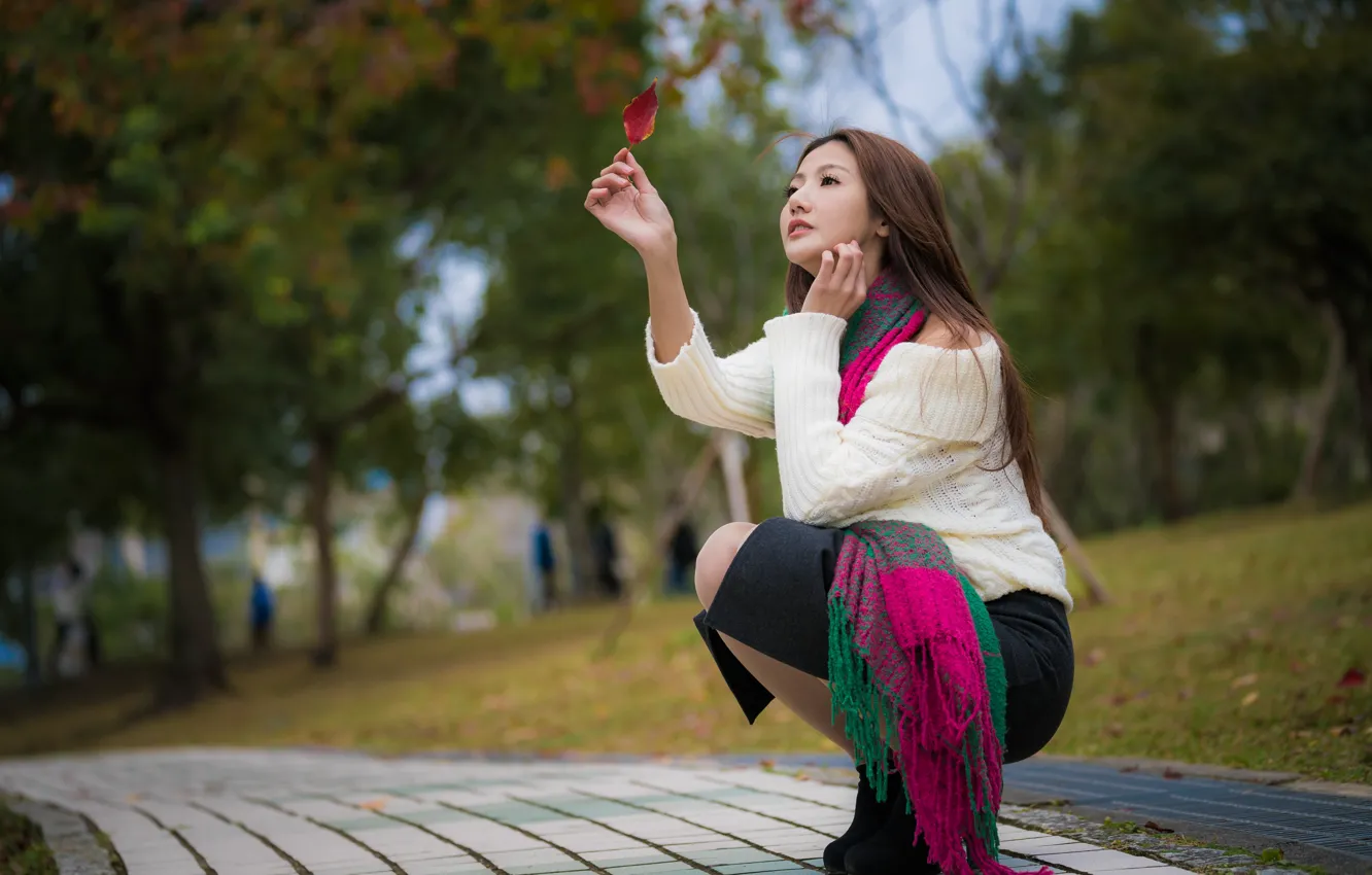 Photo wallpaper autumn, girl, Park, sweetheart, track, Asian, leaf, bokeh