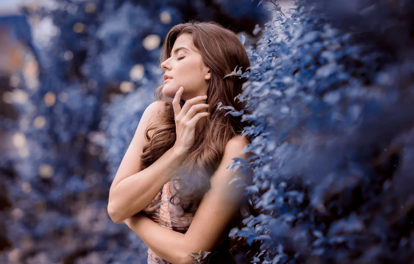 Photo wallpaper leaves, girl, dress, brown hair, the bushes