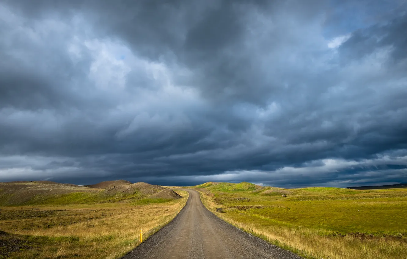 Photo wallpaper road, field, storm, gray clouds