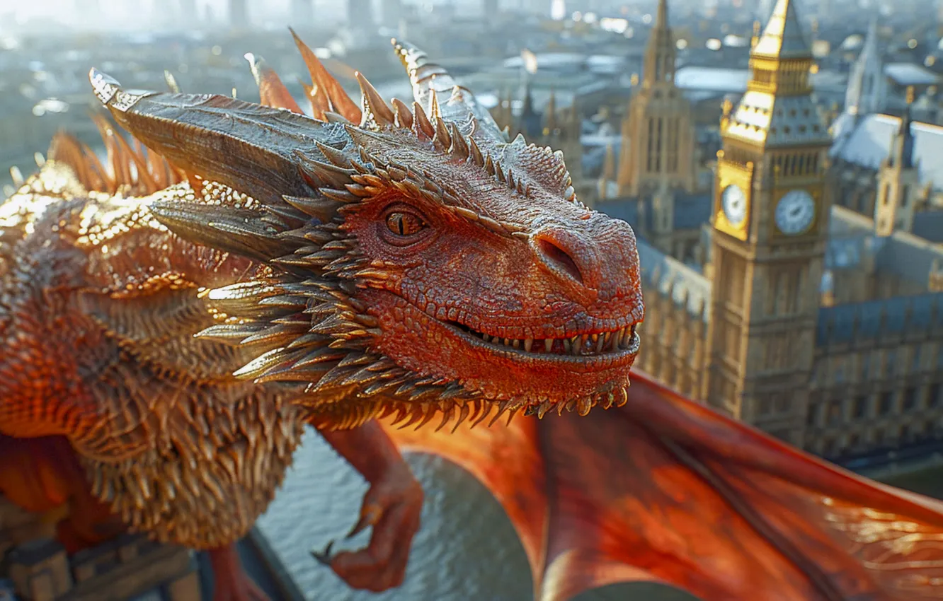 Photo wallpaper fantasy, dragon, London, mouth, catch