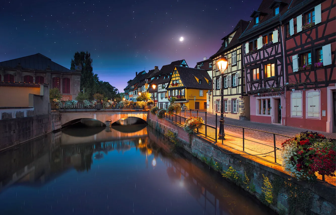 Photo wallpaper stars, night, the city, river, the moon, France, home, lighting