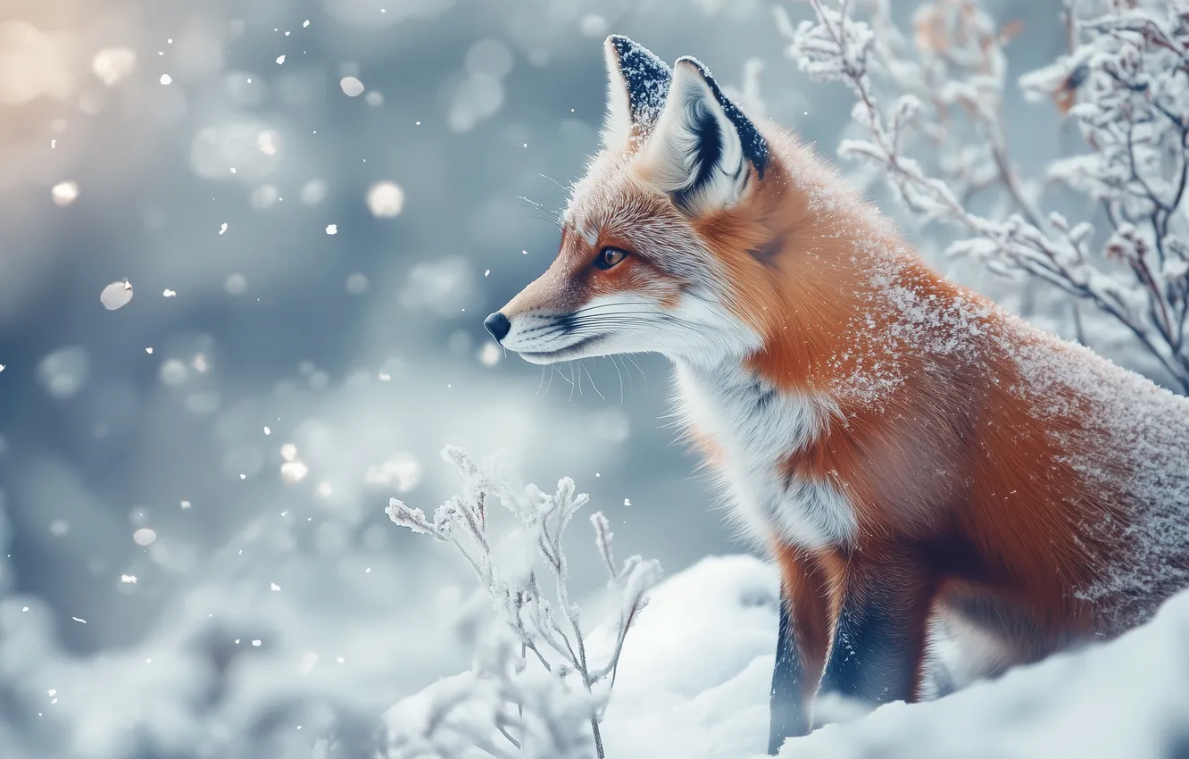Photo wallpaper winter, frost, look, snow, sprig, Fox, profile, red