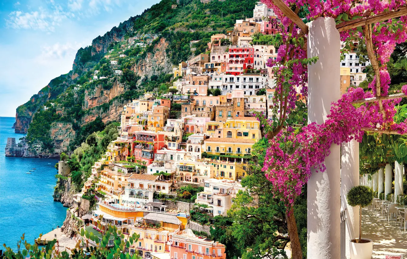 Photo wallpaper sea, flowers, home, Italy, balcony, Positano