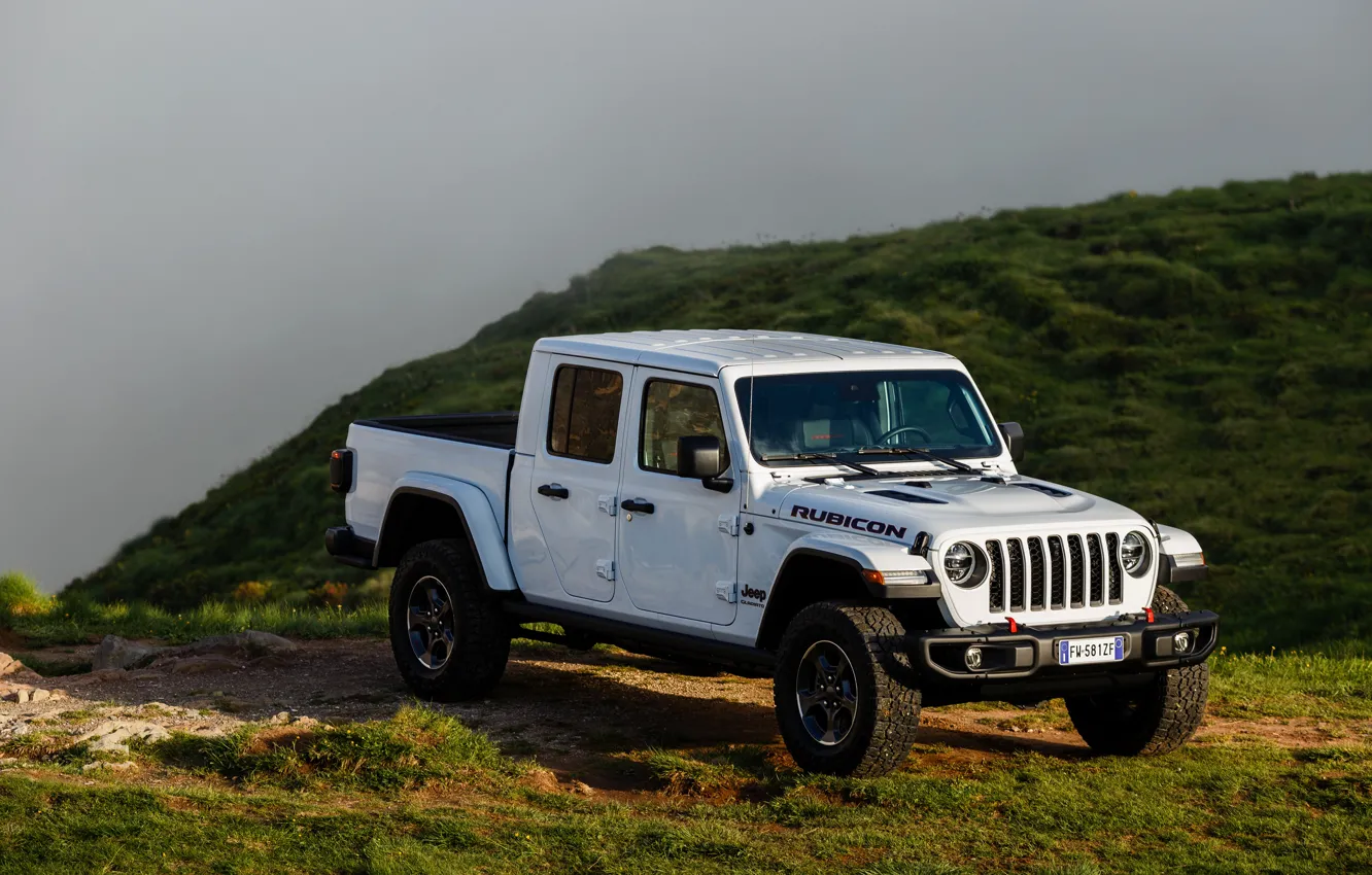 Photo wallpaper white, vegetation, slope, SUV, pickup, Gladiator, 4x4, cloudy