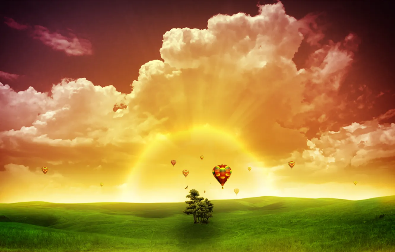 Photo wallpaper Sunset, The sun, Light, The world, Flying balls