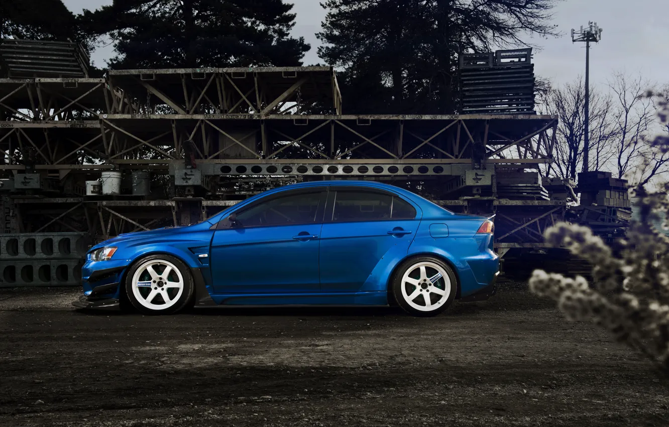 Photo wallpaper Blue, Desktop, profile, Mitsubishi, Lancer, Evolution, Car, Beautiful