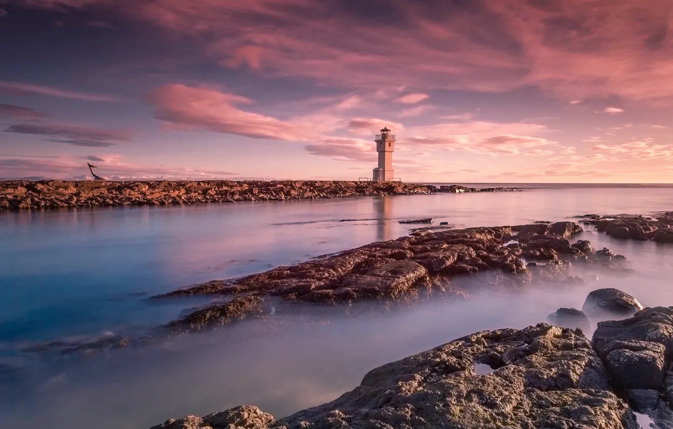 Photo wallpaper sea, landscape, sunset, lighthouse