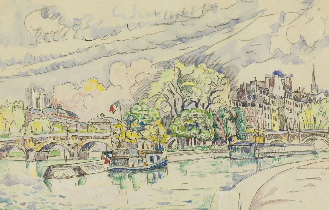 Photo wallpaper figure, watercolor, 1925, Paul Signac, Paul Signac, The Siene at Vert-Galant