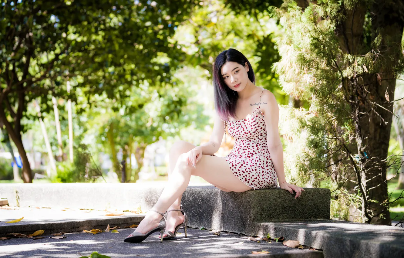 Photo wallpaper girl, dress, legs, Asian, sitting