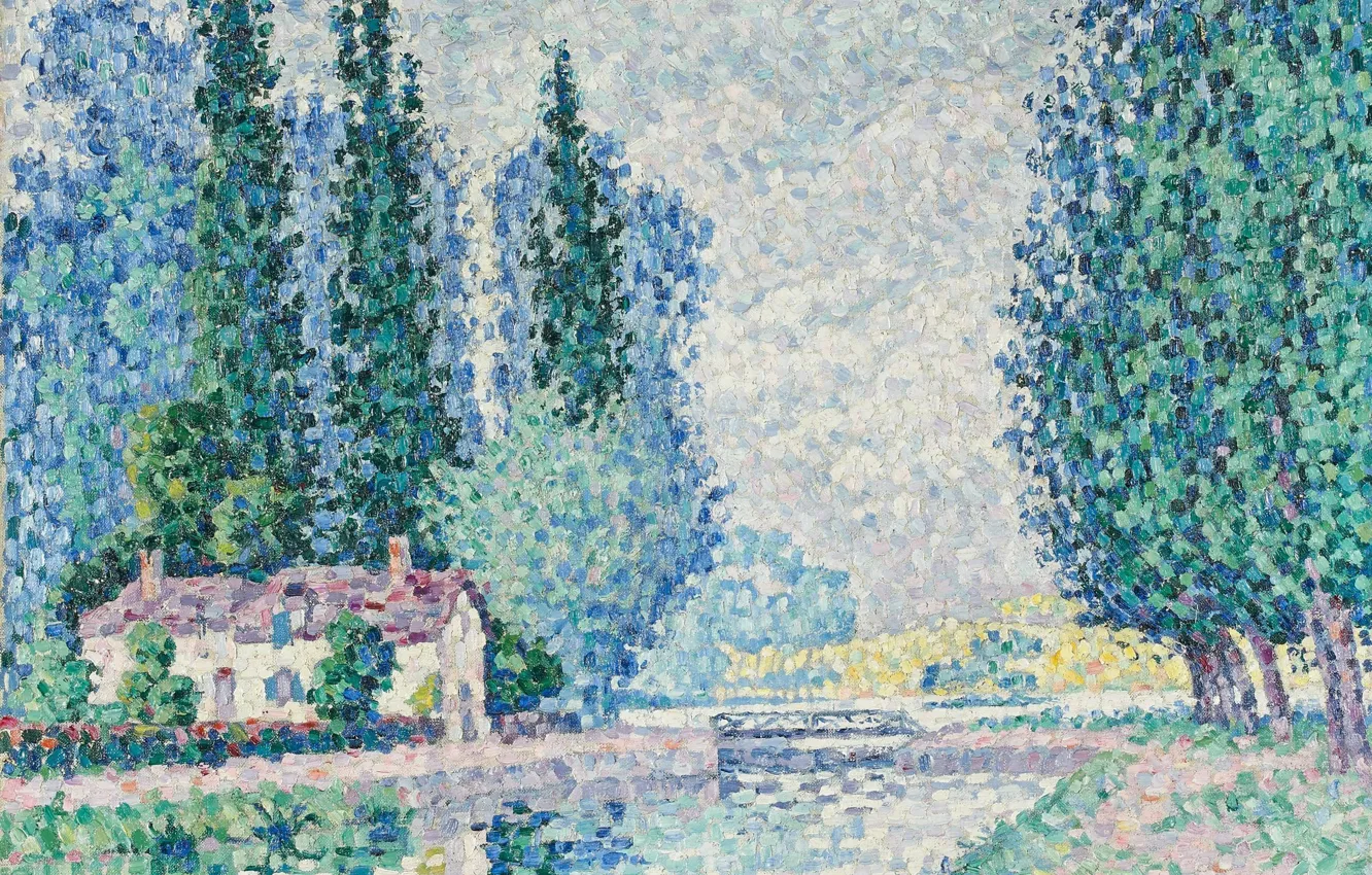 Photo wallpaper trees, landscape, bridge, home, picture, Paul Signac, pointillism, Auxerre. Channel