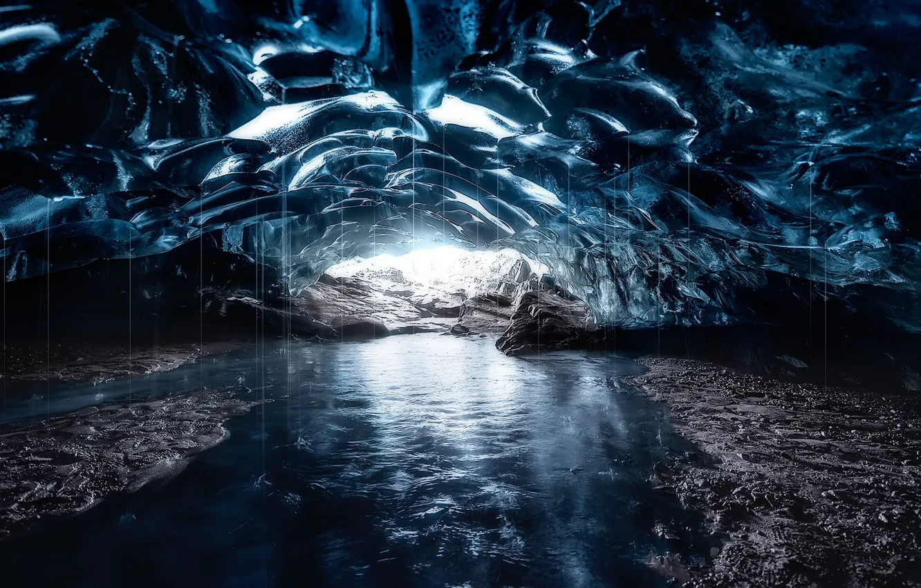 Photo wallpaper ice, water, nature, river, rain, rocks