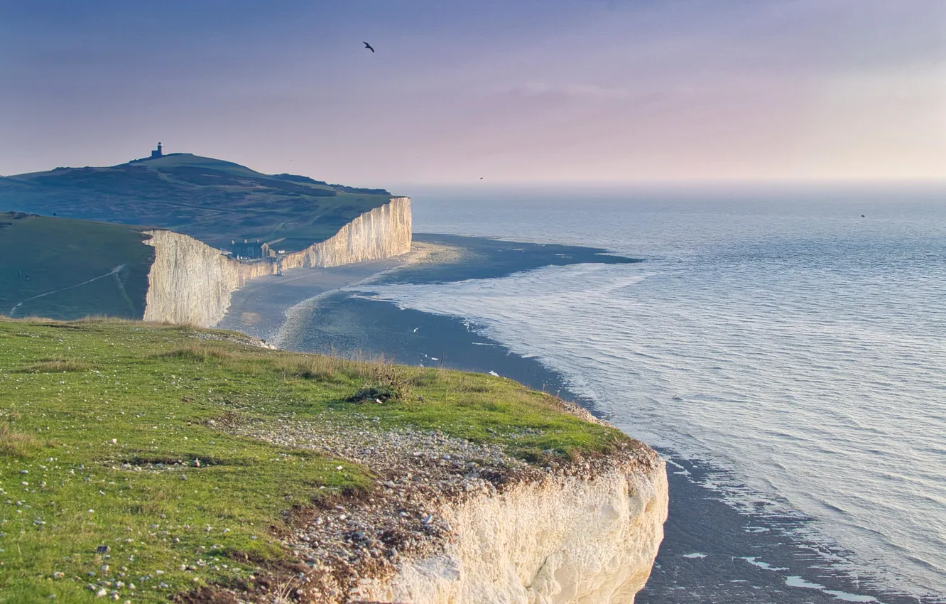 Photo wallpaper beach, the sky, grass, clouds, landscape, mountains, nature, open