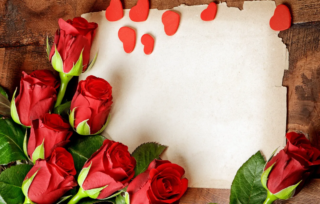 Photo wallpaper roses, hearts, red, red, flowers, romantic, hearts, roses