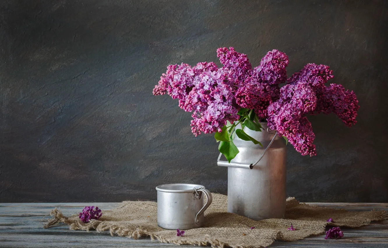 Photo wallpaper flowers, bouquet, mug, lilac, cans
