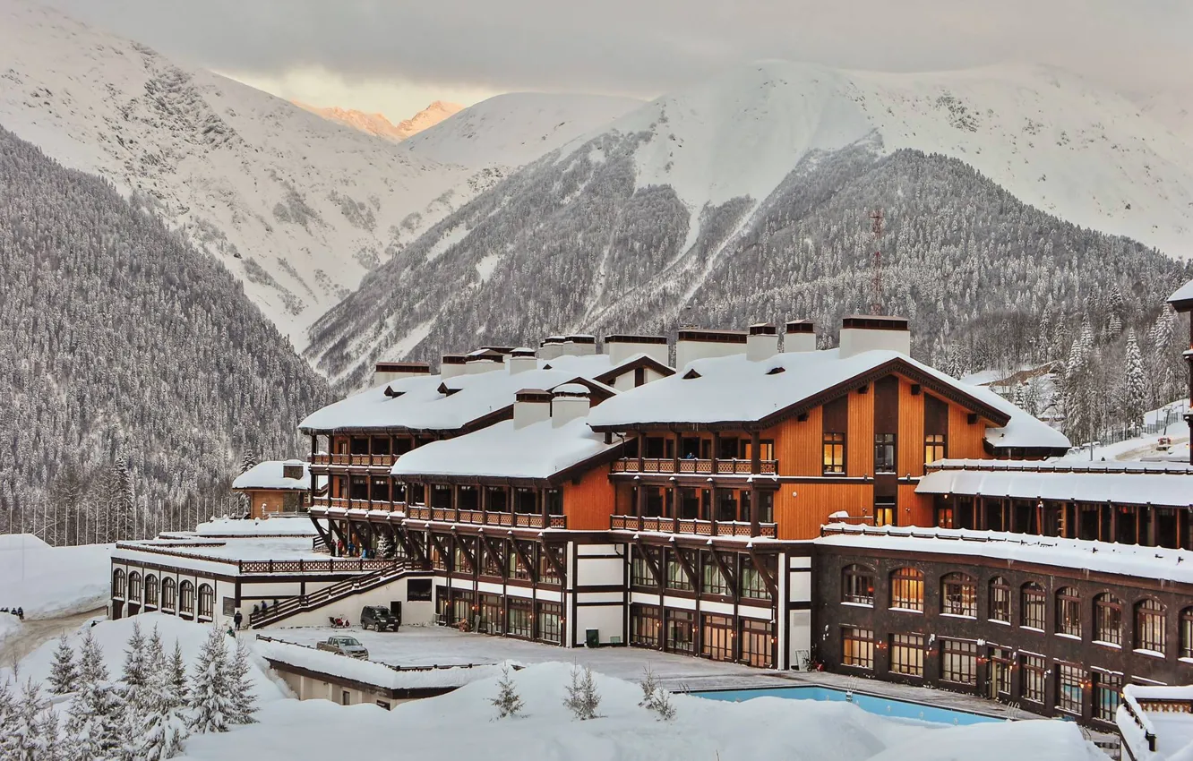 Photo wallpaper winter, snow, mountains, the hotel