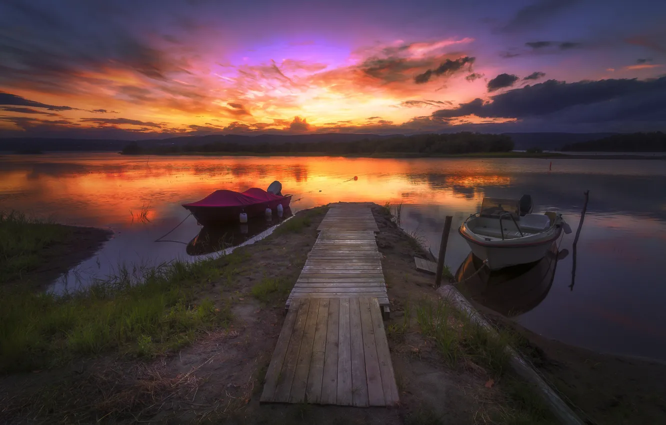 Photo wallpaper forest, clouds, sunset, clouds, shore, boat, dal, the evening