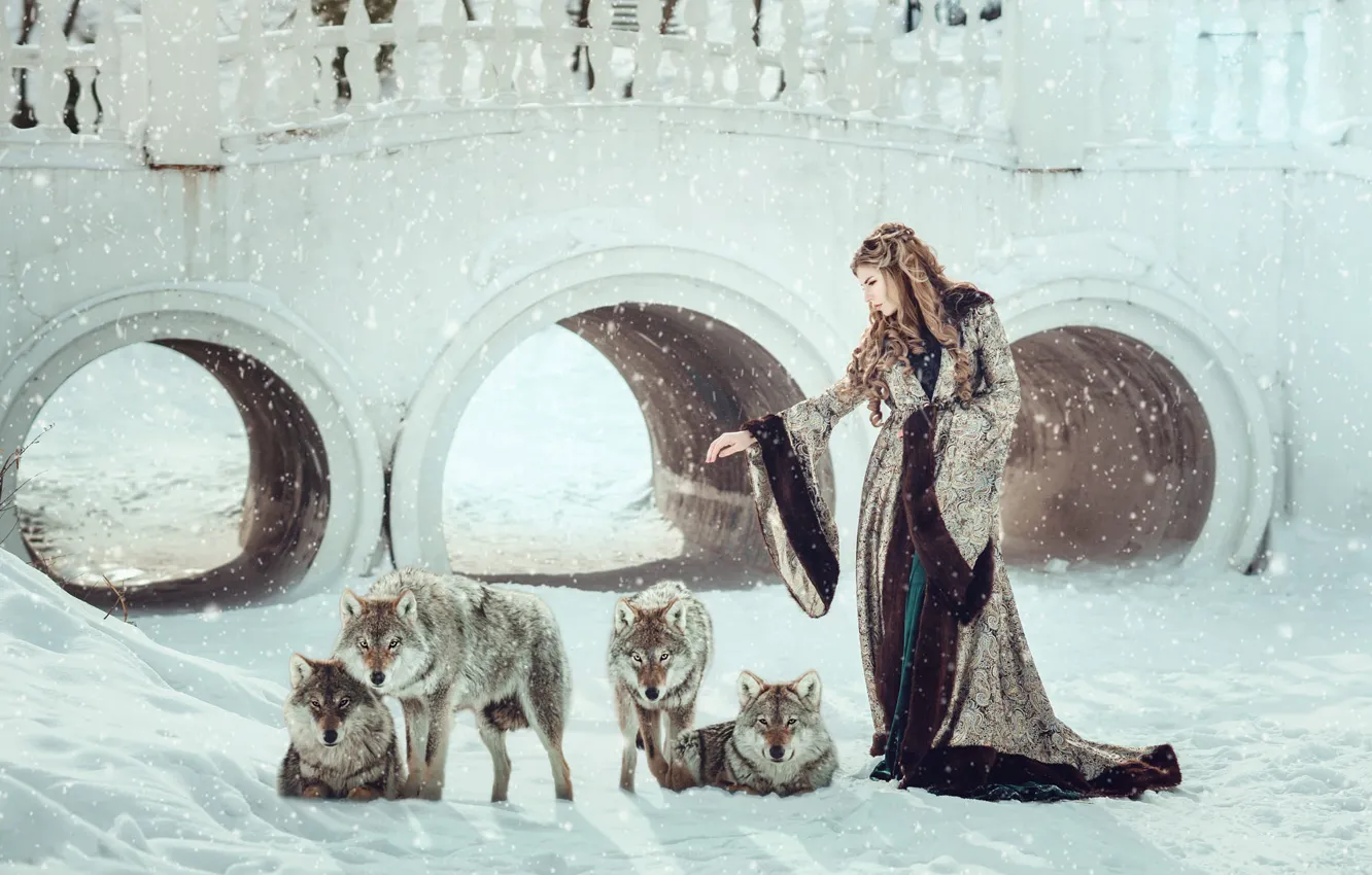 Photo wallpaper winter, look, girl, snow, bridge, pose, tale, pack