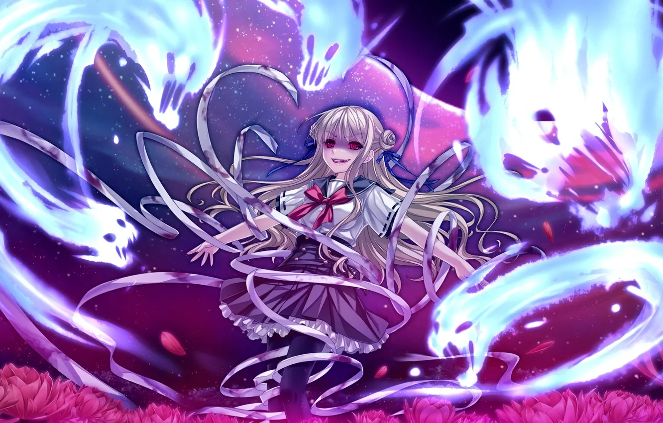 Photo wallpaper the sky, girl, stars, flowers, night, anime, petals, art