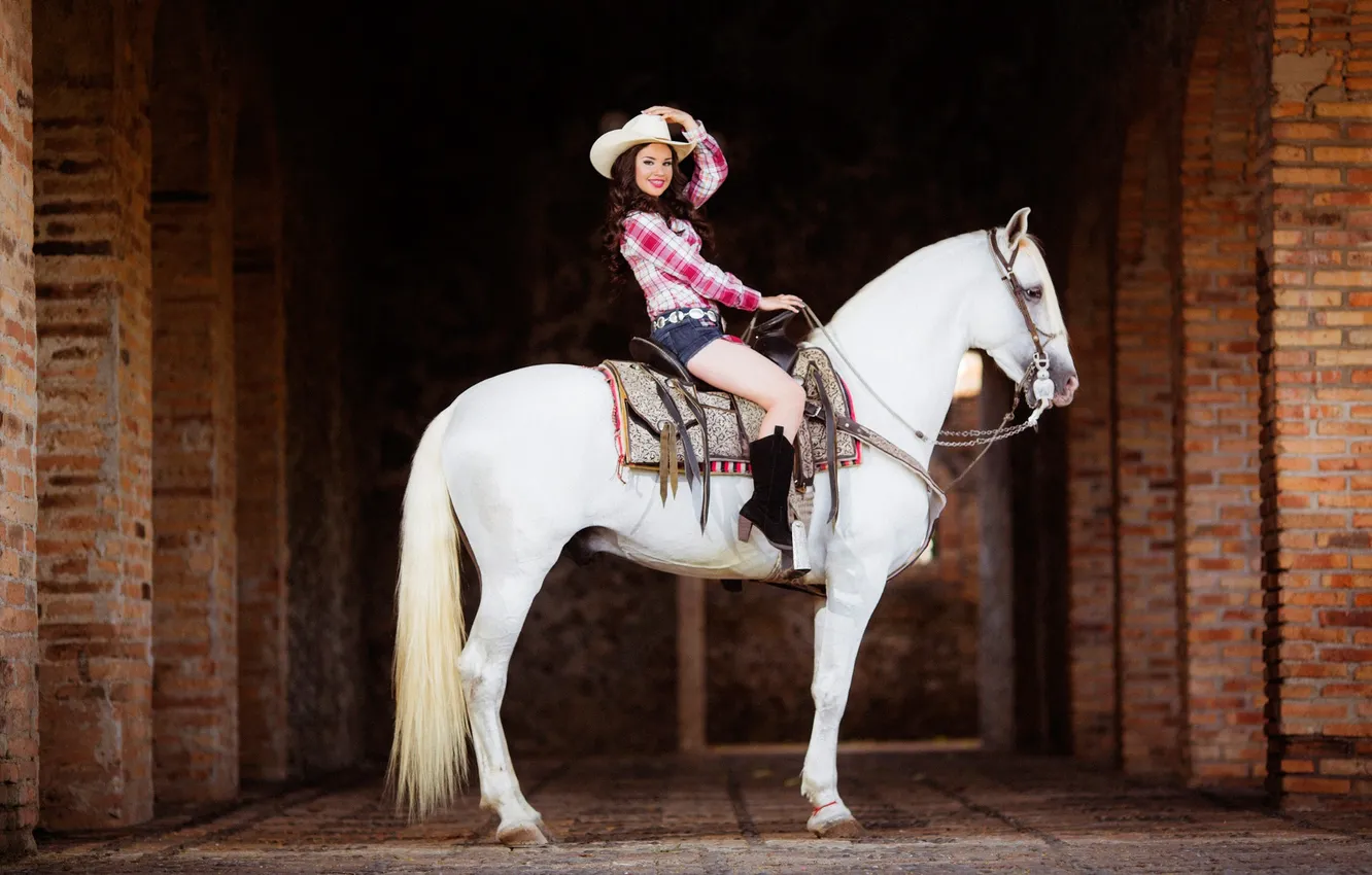 Photo wallpaper look, girl, horse, hat, rider