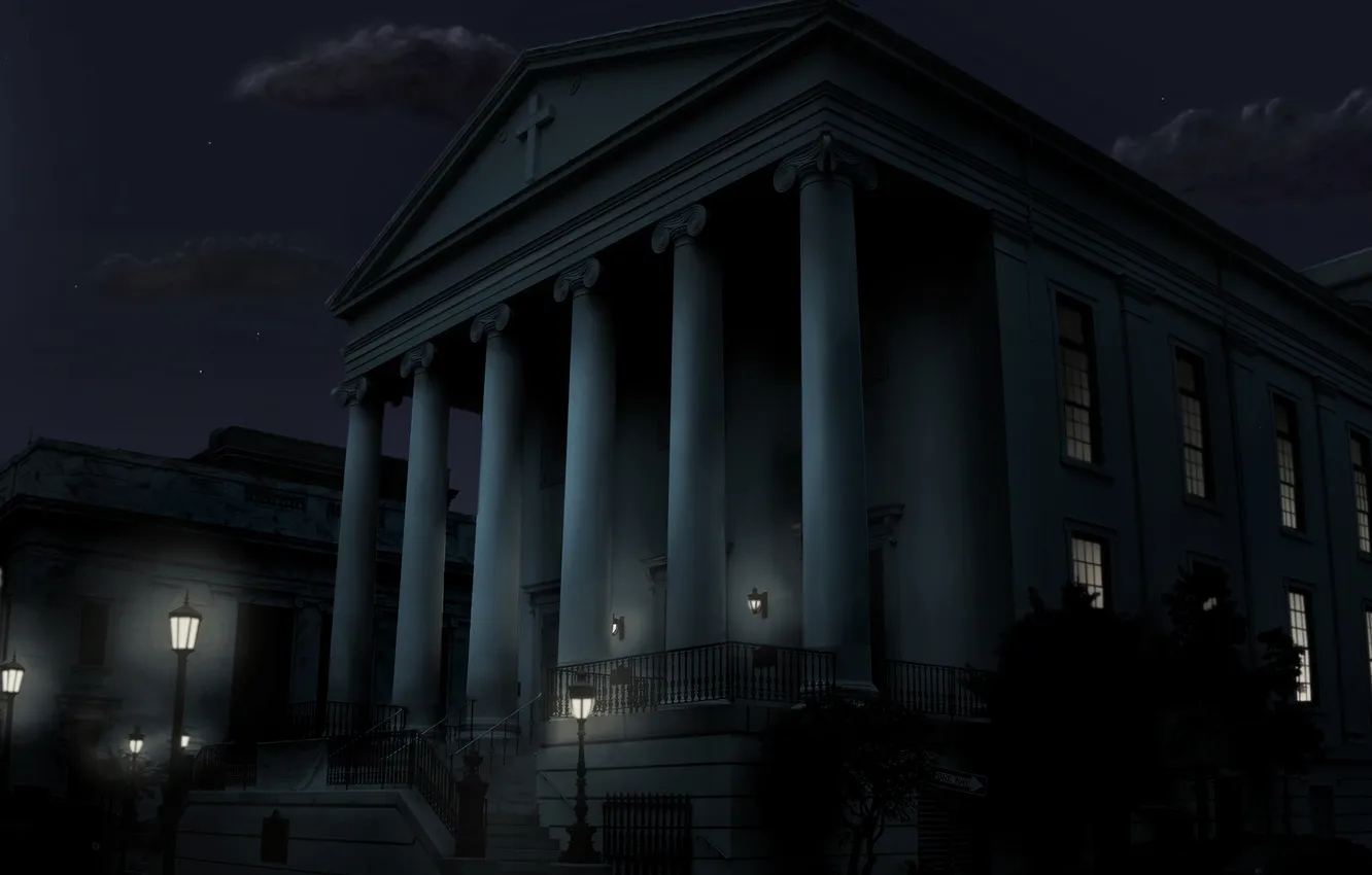 Photo wallpaper light, night, building, lights, columns