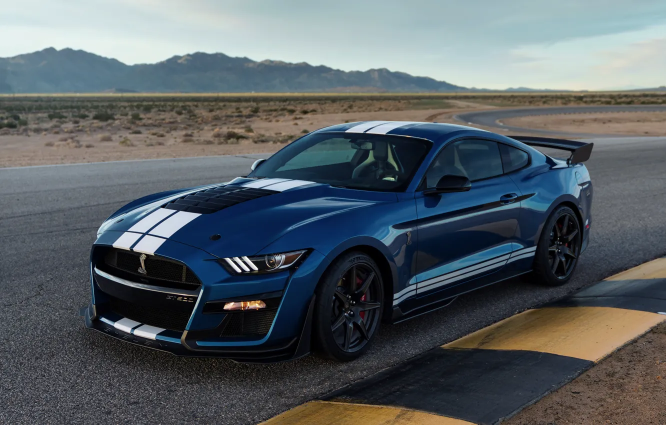 Photo wallpaper blue, Mustang, Ford, Shelby, GT500, track, 2019