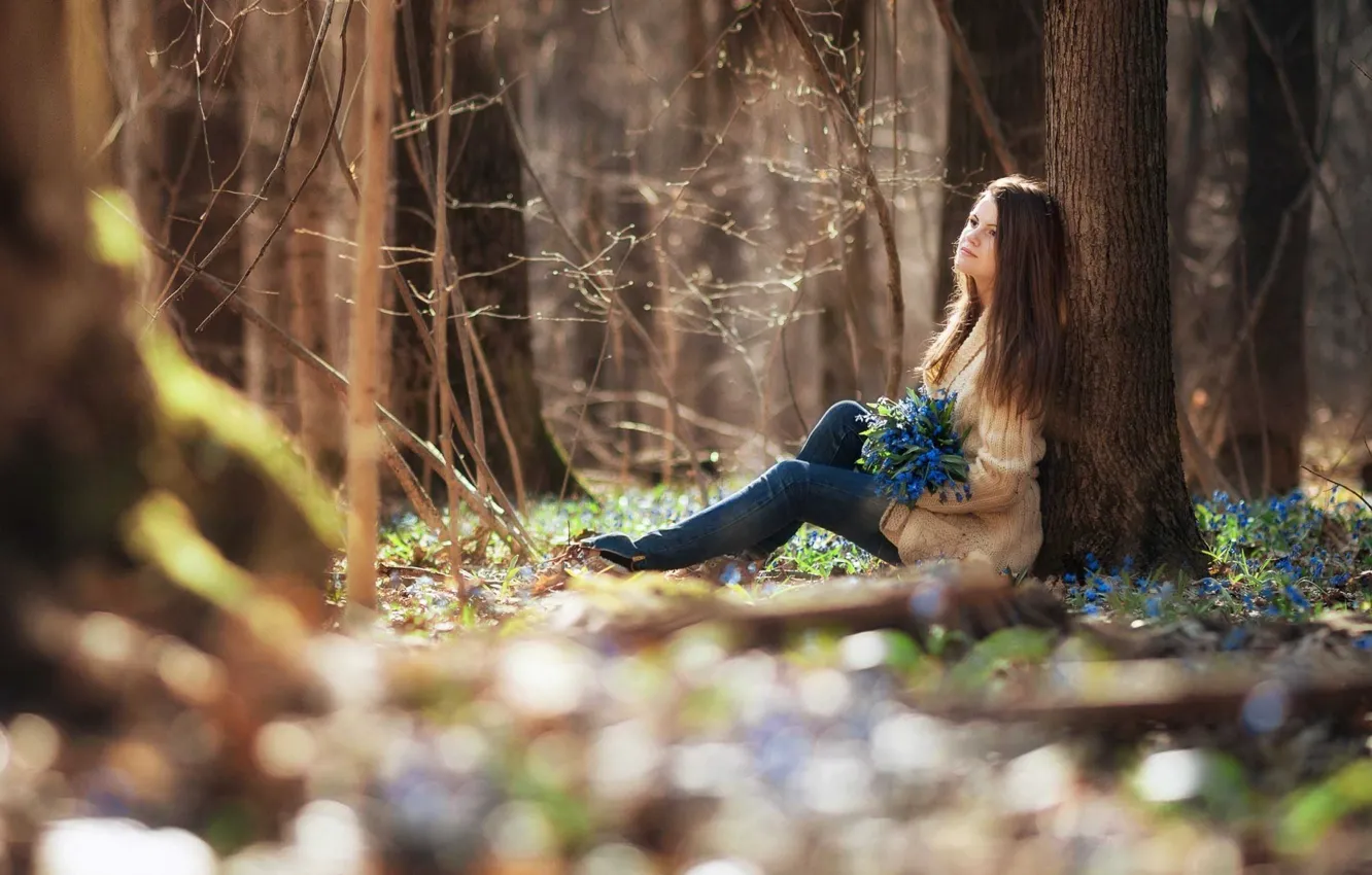 Photo wallpaper girl, forest, flower, smile, spring, teen