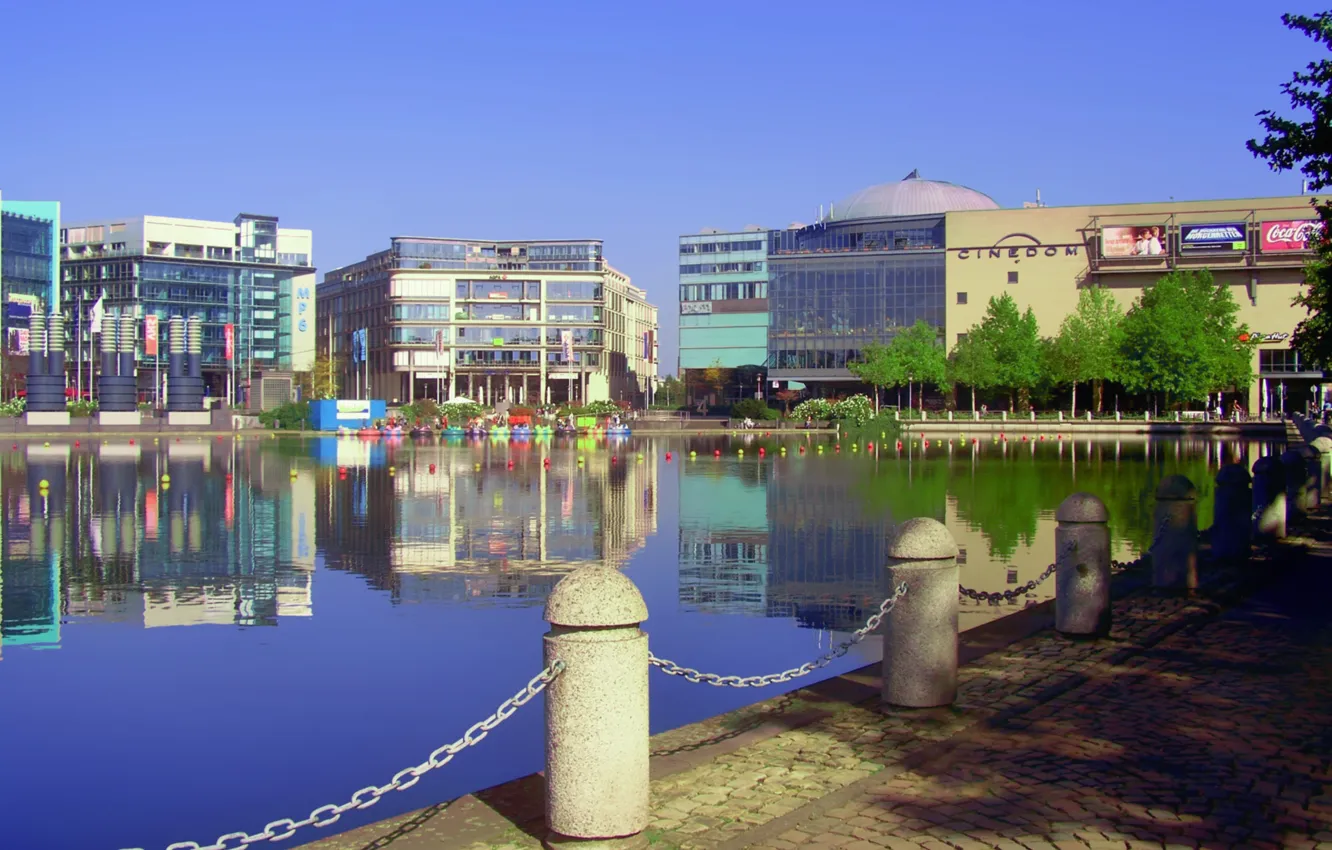 Photo wallpaper summer, water, trees, blue, the city, pond, reflection, blue