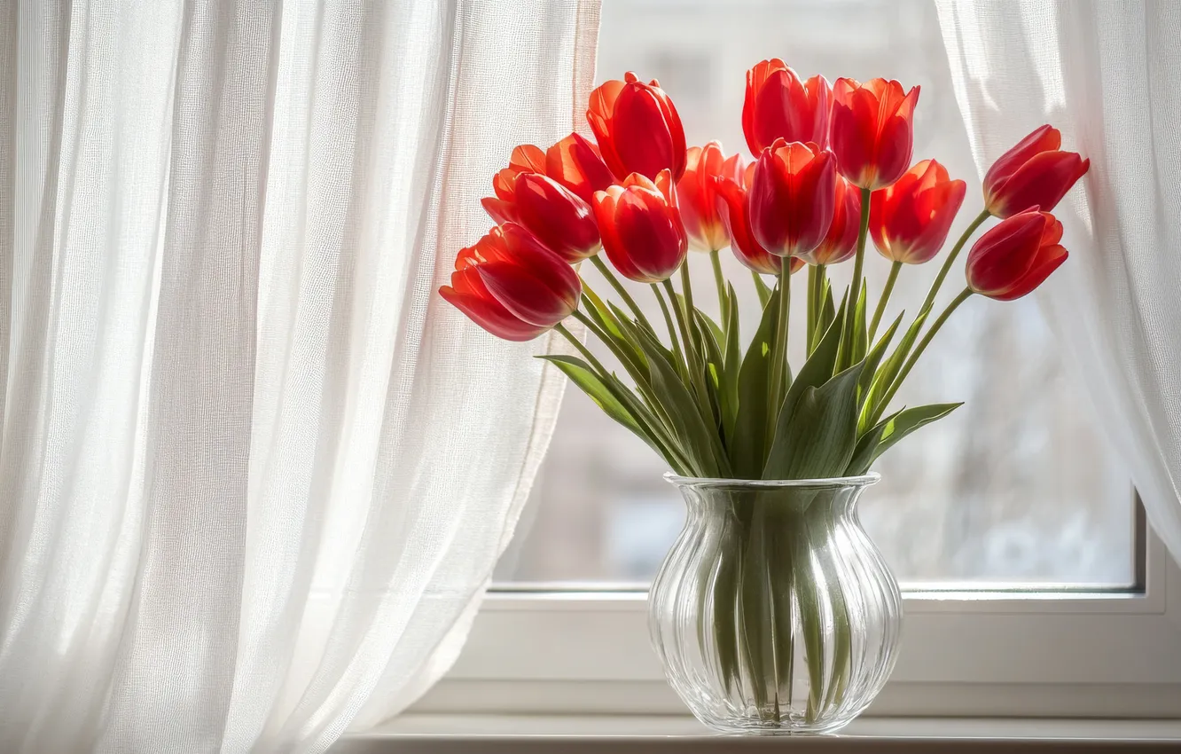 Photo wallpaper glass, flowers, red, frame, bouquet, spring, window, tulips