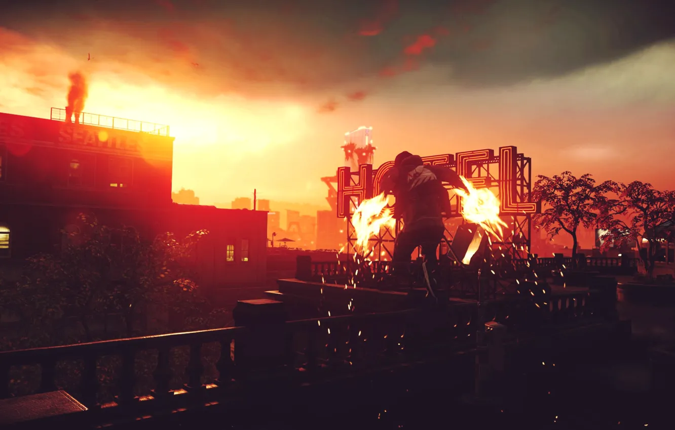 Photo wallpaper light, red, white, smoke, yellow, sun, man, fly