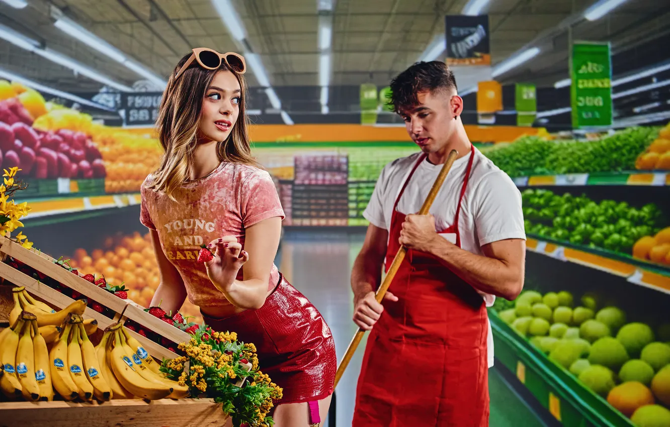 Photo wallpaper green, beautiful girl, vegetables, Porn Star, Porn Actress, Deeper, Supermarket, Molly Little