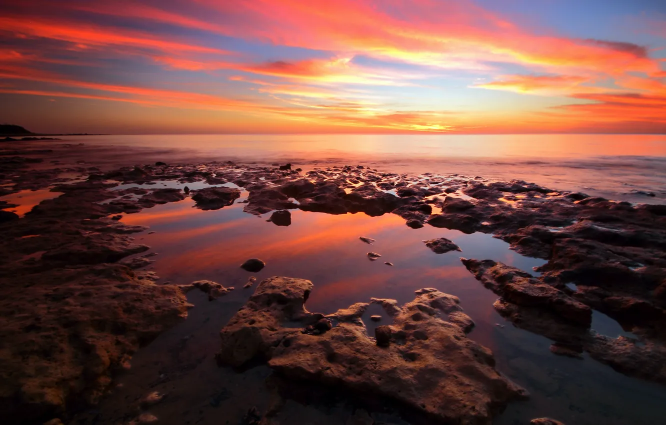 Photo wallpaper sea, beach, stones, the evening, dawn