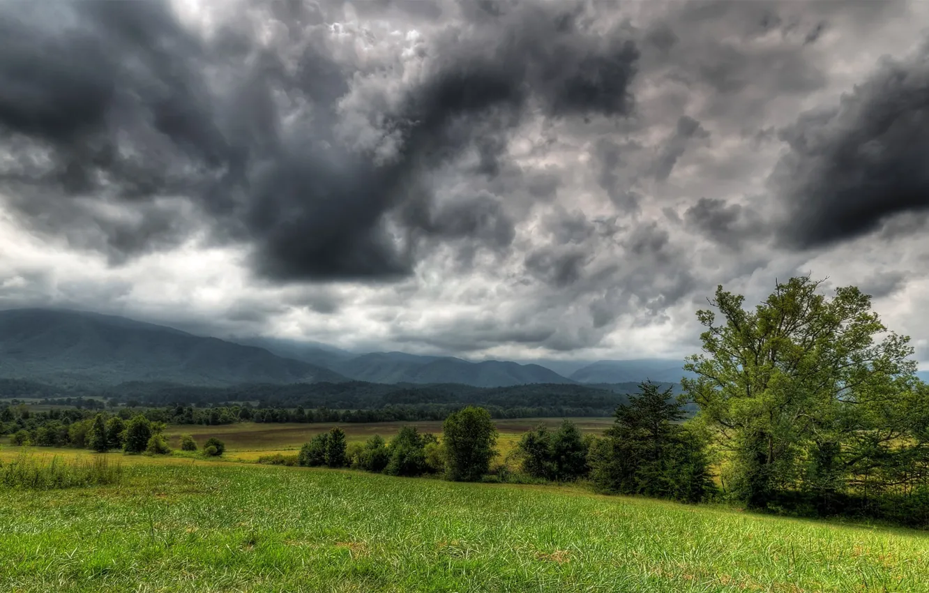 Photo wallpaper Field, Mountains, Clouds, Storm, Nature, Clouds, Storm, Fields