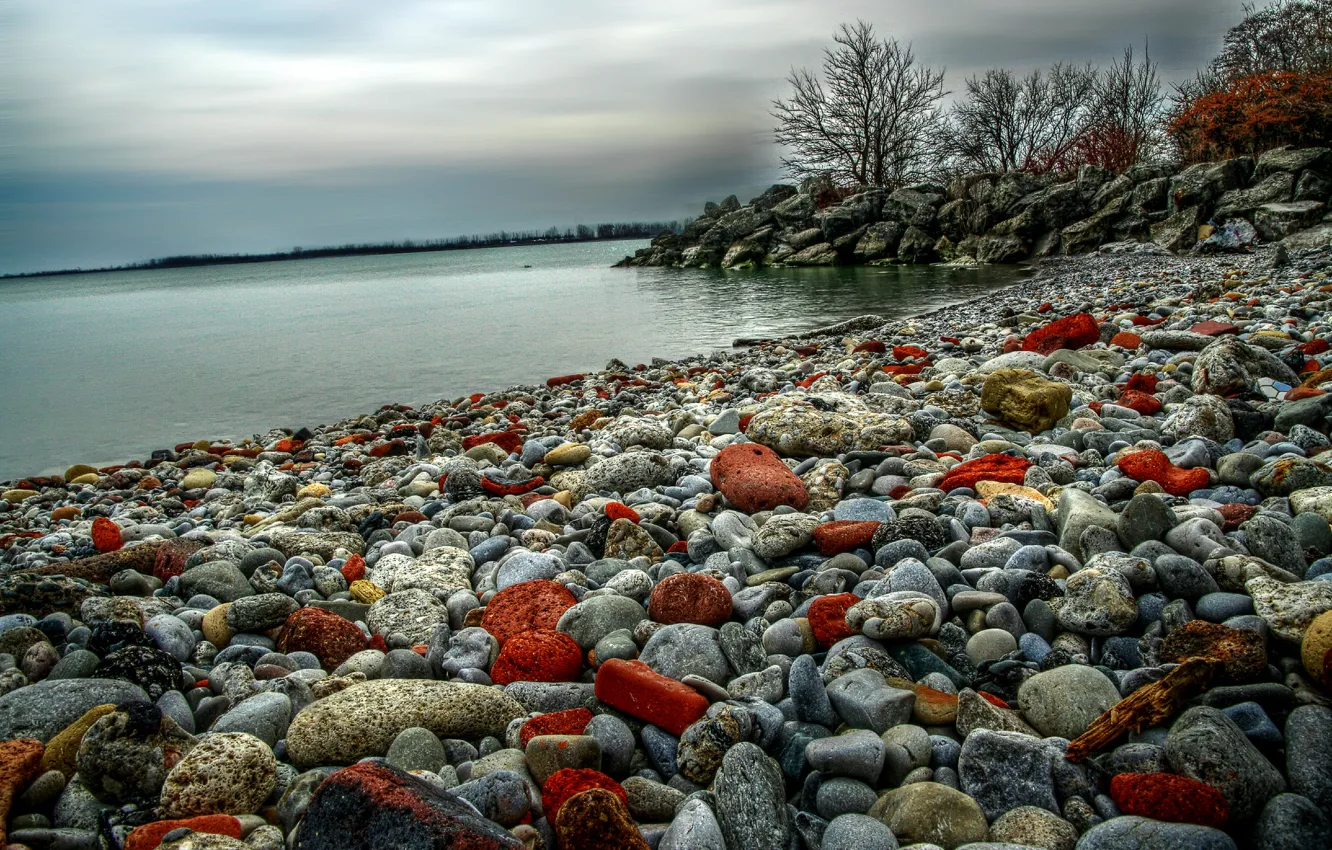 Photo wallpaper sea, the sky, clouds, lake, stones, shore, color