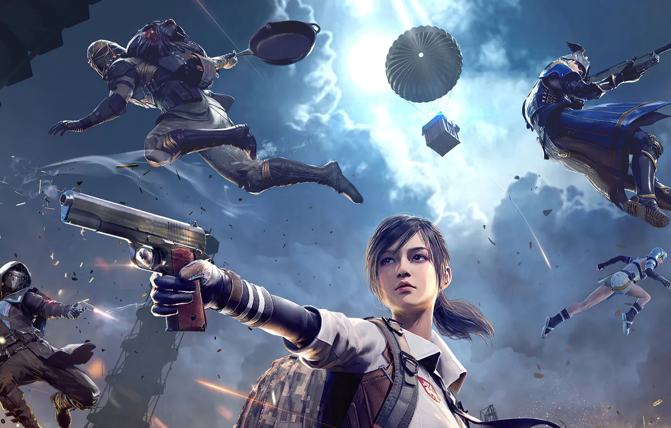 Photo wallpaper the sky, weapons, attack, the game, parachute, shooting, landing, characters