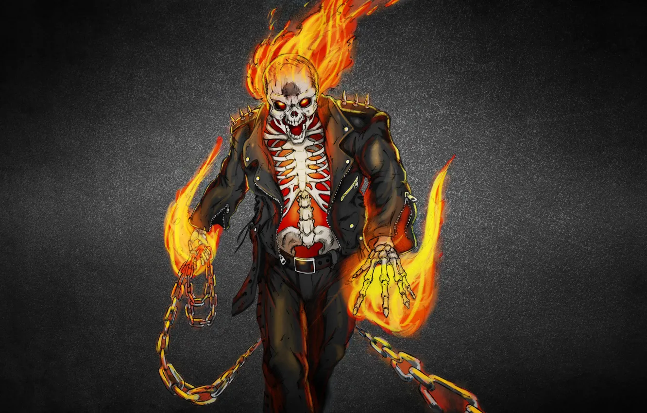 Photo wallpaper the dark background, fire, flame, skull, skeleton, Ghost rider, ghost rider