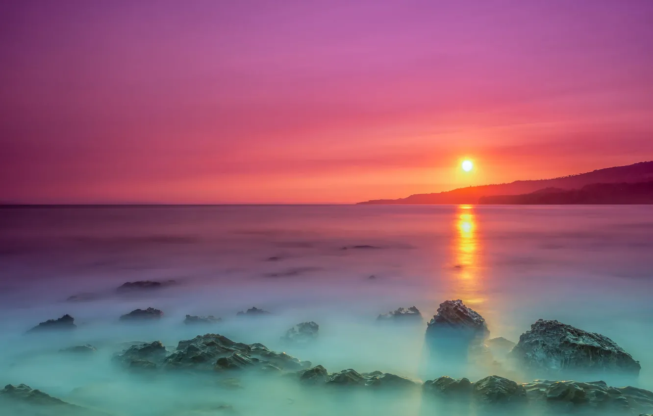 Photo wallpaper the sun, stones, the ocean, dawn, coast