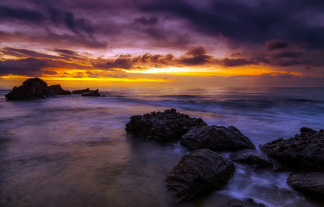 Photo wallpaper sea, rocks, sunrise, Spain