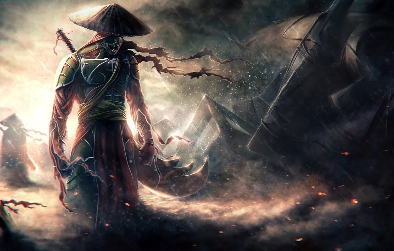 Photo wallpaper weapons, rain, the wind, hat, warrior