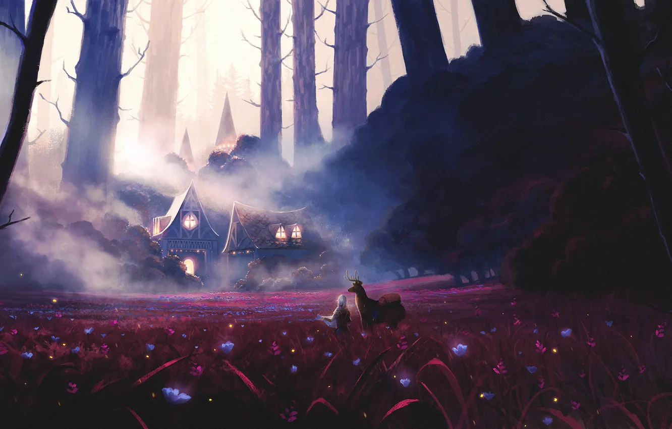 Photo wallpaper lights, dark, house, fantasy, trees, wood, flowers, digital art