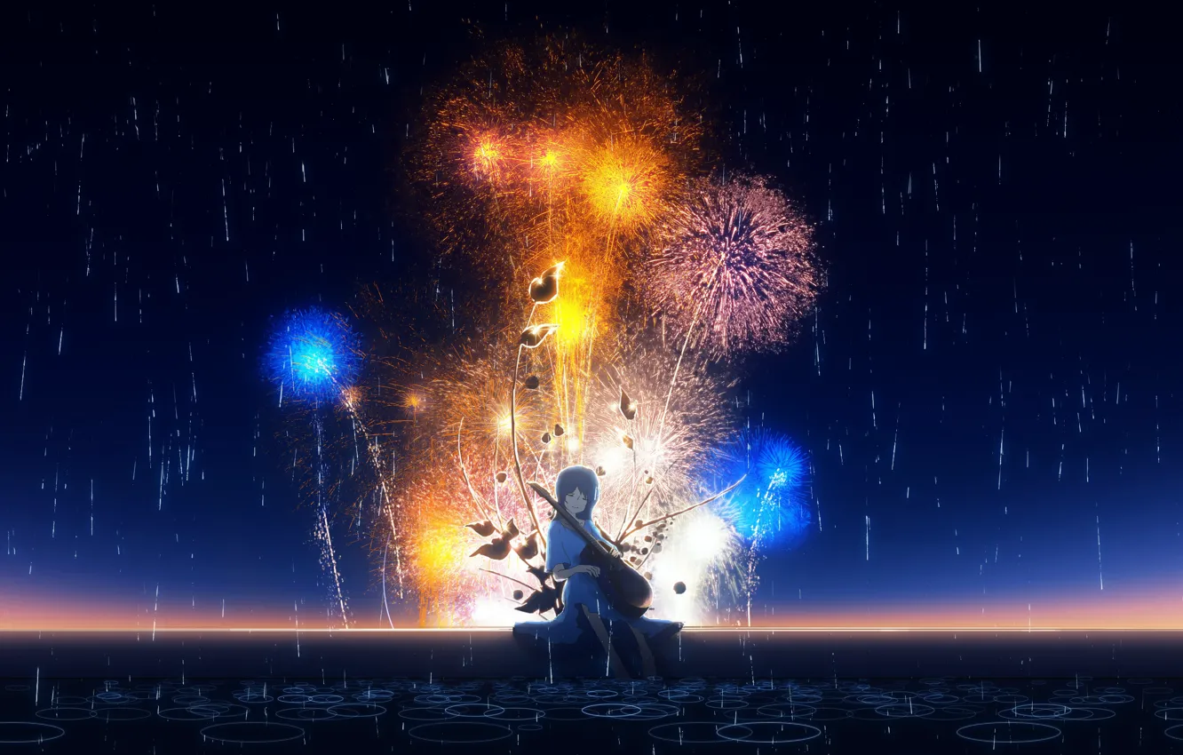 Photo wallpaper the sky, girl, night, rain, guitar, puddle, fireworks, Y_Y