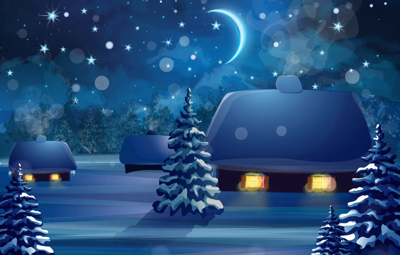 Photo wallpaper Nature, Home, Winter, Night, Spruce, Vector graphics