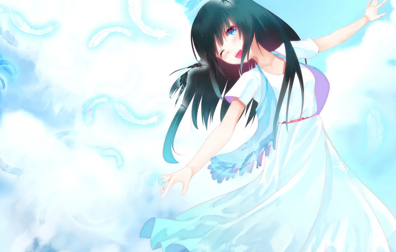Photo wallpaper the sky, girl, clouds, smile, anime, feathers, art, cpeilad