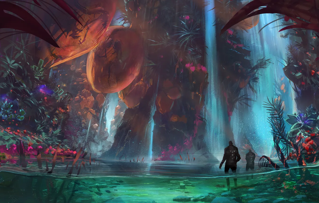 Photo wallpaper water, rocks, plant, waterfall, fantasy, art