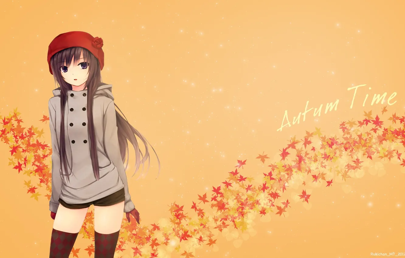 Wallpaper leaves, girl, background, shorts, stockings, gloves, Coffee ...