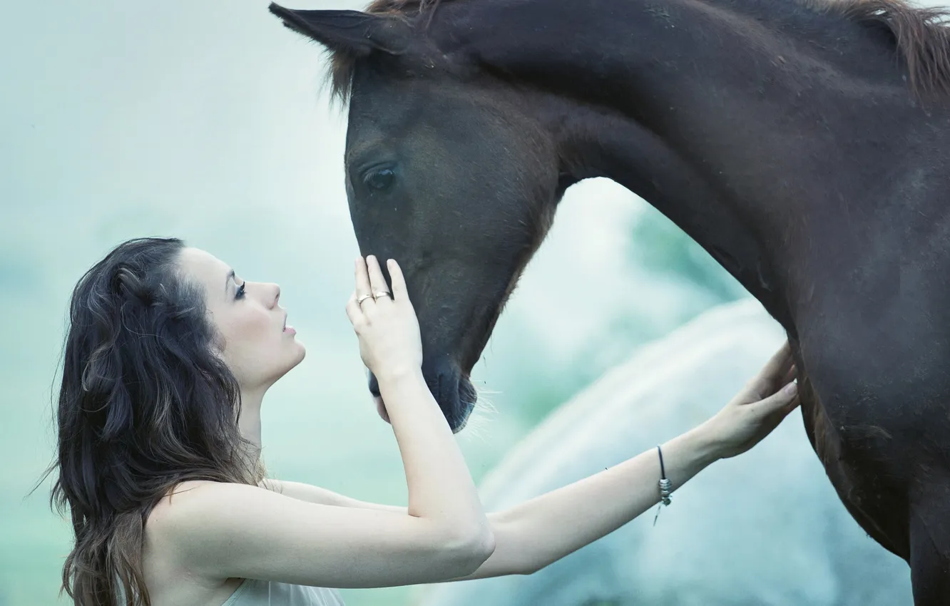 Photo wallpaper girl, horse, profile, touch, brown hair