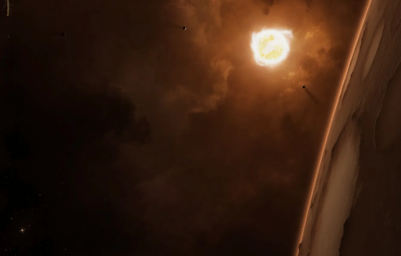 Photo wallpaper stars, surface, planet, satellite, the atmosphere, crater, gas clouds